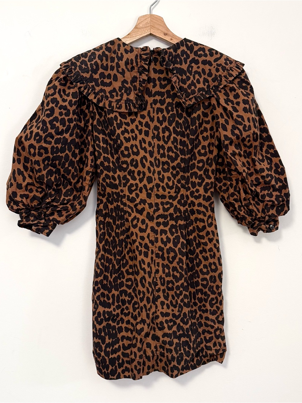 GANNI Leopard Print Mini Dress Brown Organic Cotton Oversized Collar EU 32 US 0 - Picture 3 of 5